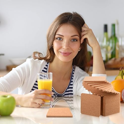 Miniatura 7 de Salvamanteles cuadrados de corcho de 4 x 4 x 0.2 pulgadas, posavasos de corcho absorbente para plantas, salvamanteles, posavasos de barra natural,