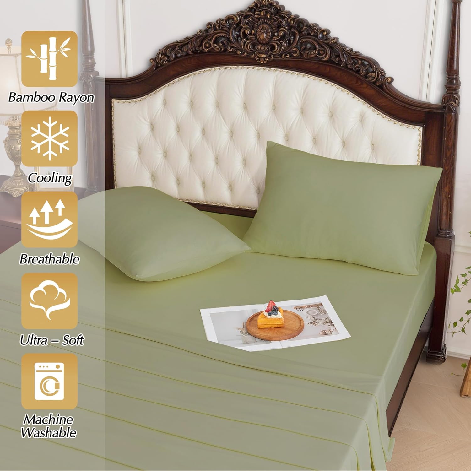 N&Y HOME StretchSnug King Sheets Set - Blend of Rayon Derived from Bamboo, Stretchy Sheets Deep Pocket No Slip Stay on Bed, Firm & Tight with Corner Straps, 4 Piece Sets, Sage Green, King