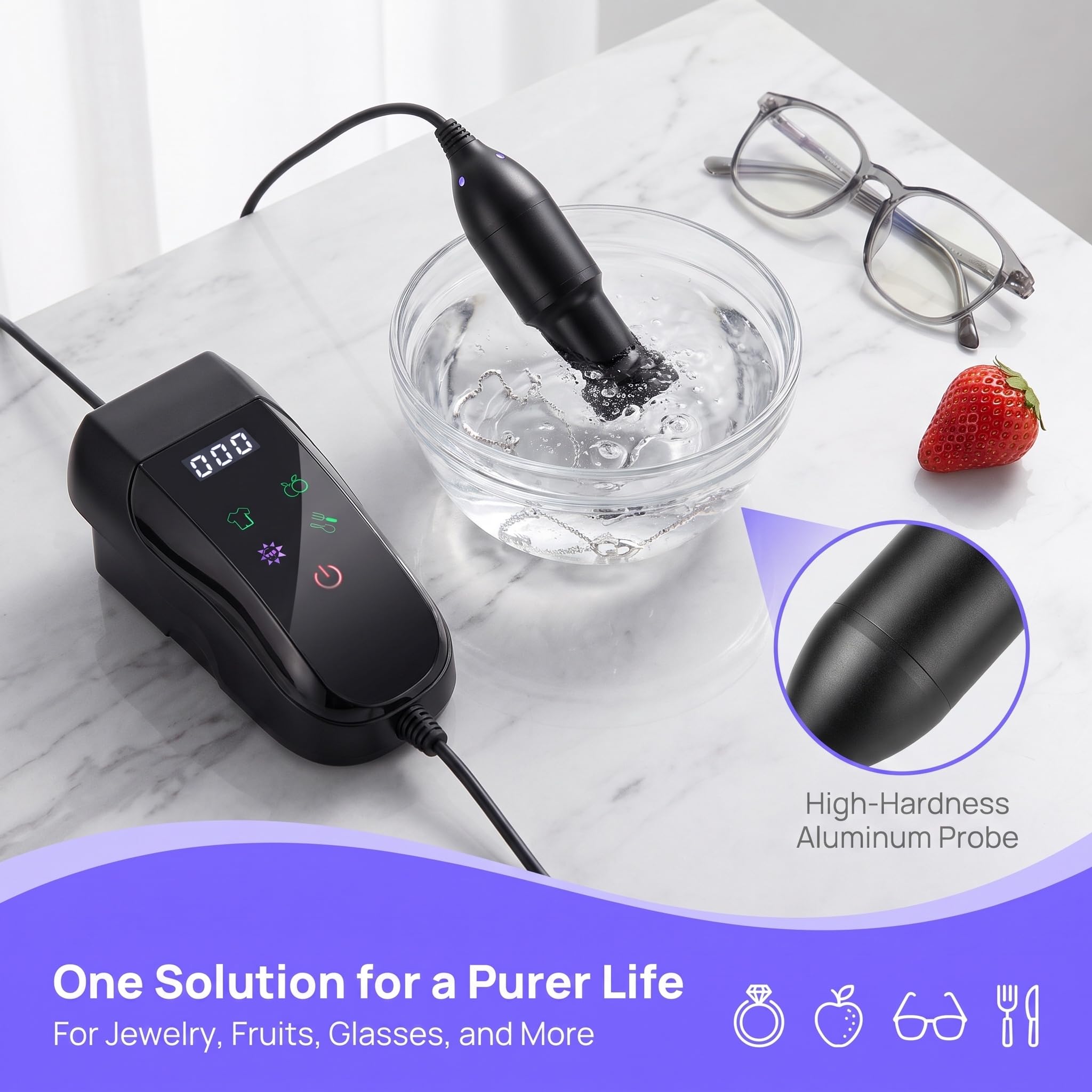 Pulitore A Ultrasuoni per Frutta E Verdura A 60 Khz, Bacchetta Portatile per La Pulizia A Ultrasuoni, Timer Ciclico A 4 Fasi (120s, 360s, 720s, 900s), Ideale per Gioielli