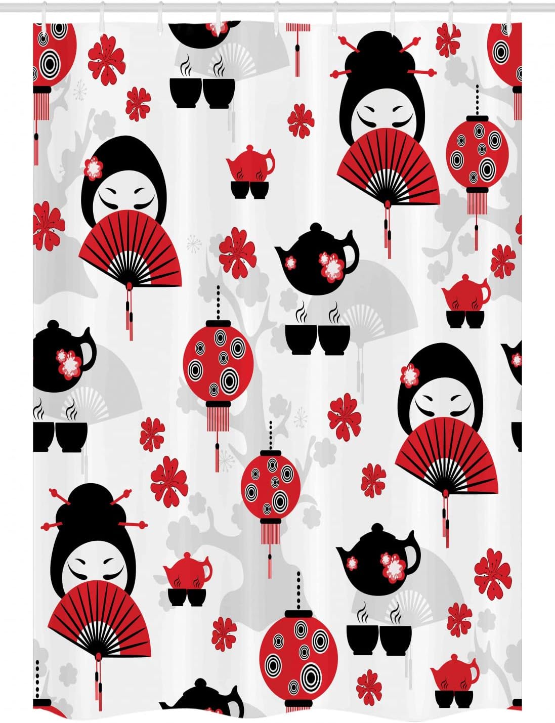 Ambesonne Oriental Stall Shower Curtain, Geisha with Japanese Fan Chinese Traditional Tea Pot Floral Graphic Design, Fabric Bathroom Decor Set with Hooks, 54" W x 78", Black and Red