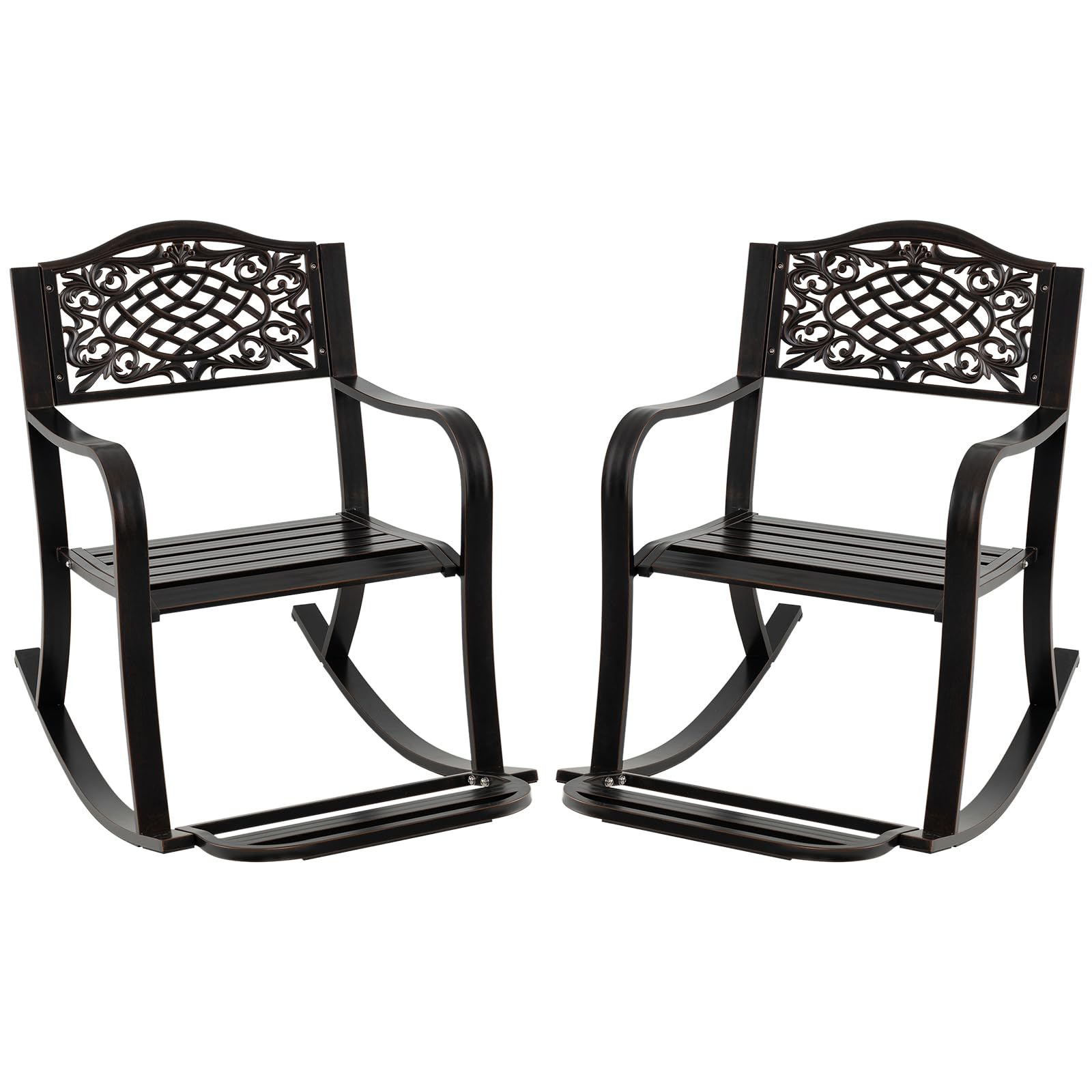 GOPLUS Fauteuil À Bascule Extérieur, Chaise Jardin en Fonte d'Aluminium，Rocking Chair avec Dossier Vintage, Accoudoirs & Repose-Pieds Ergonomiques, Charge 150 kg, pour Balcon, Terrasse, Salon