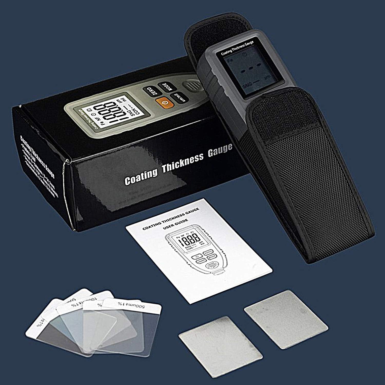 Contents of the AOPUTTRIVER Coating Thickness Gauge package, including the gauge, battery, user manual, calibration films, iron and aluminum substrates, and protective case.