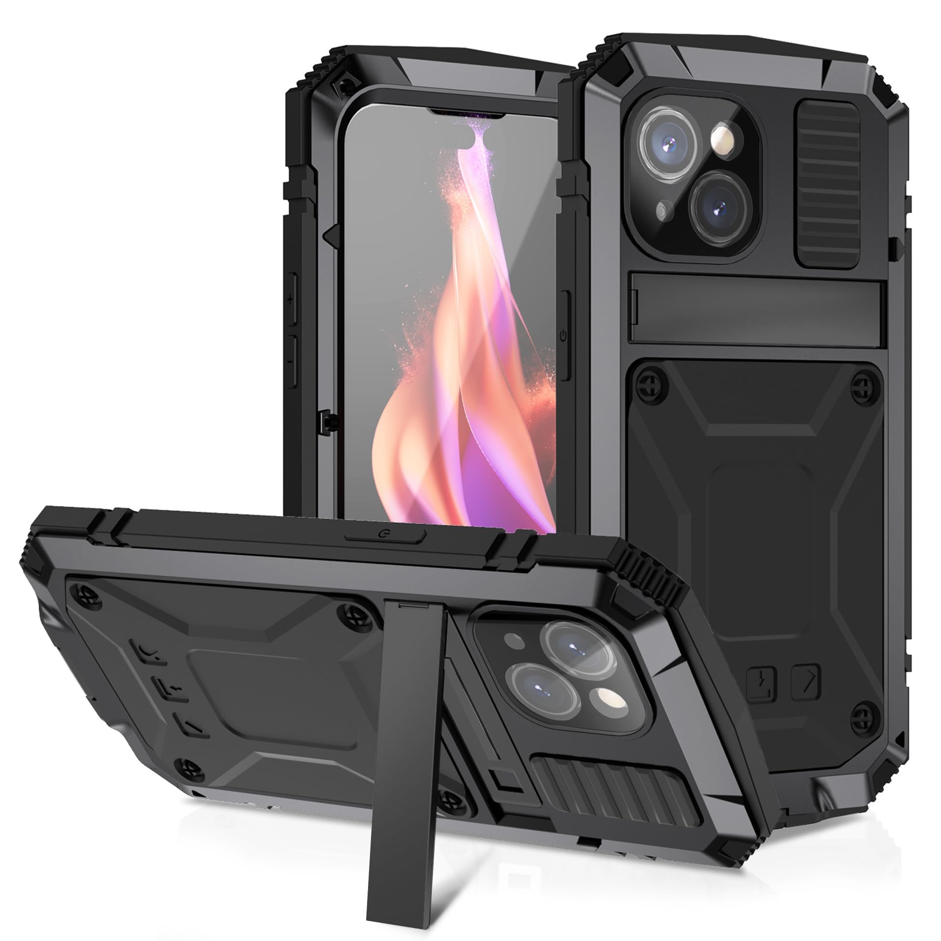 Coque métal iPhone 15 Plus avec béquille et verre trempé antichoc