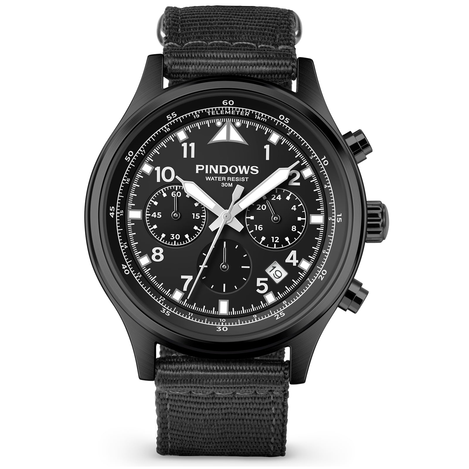 PINDOWS Watches for men, Waterproof Fashion Business Casual Multifunction Chronograph Quartz Men's Watch with Calendar Nylon Strap Black Case White face