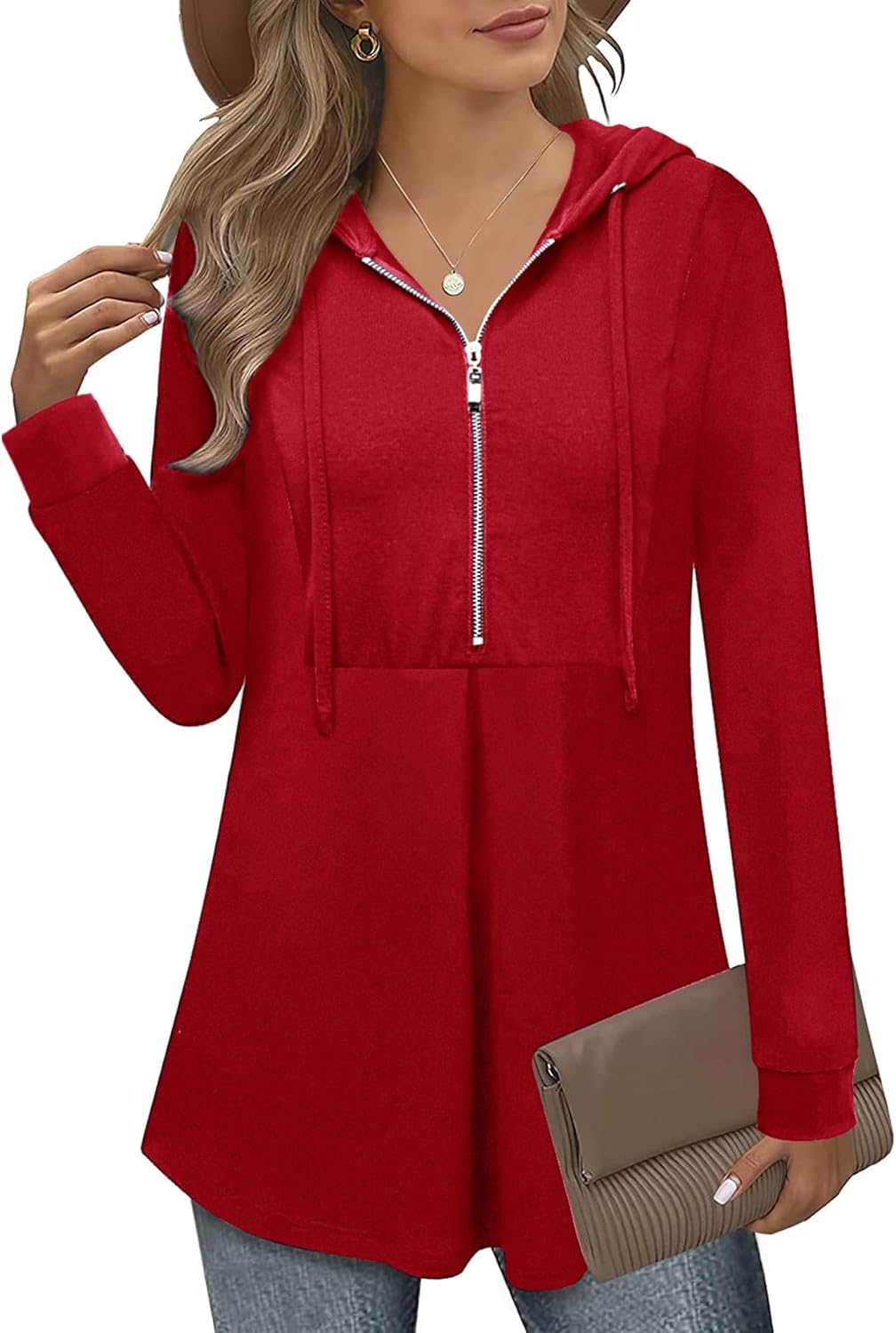 Bulotus Women's Quarter Zip Hoodies Pullover Long Sleeve Color Block Tunic Tops Drawstring Lightweight Sweatshirts