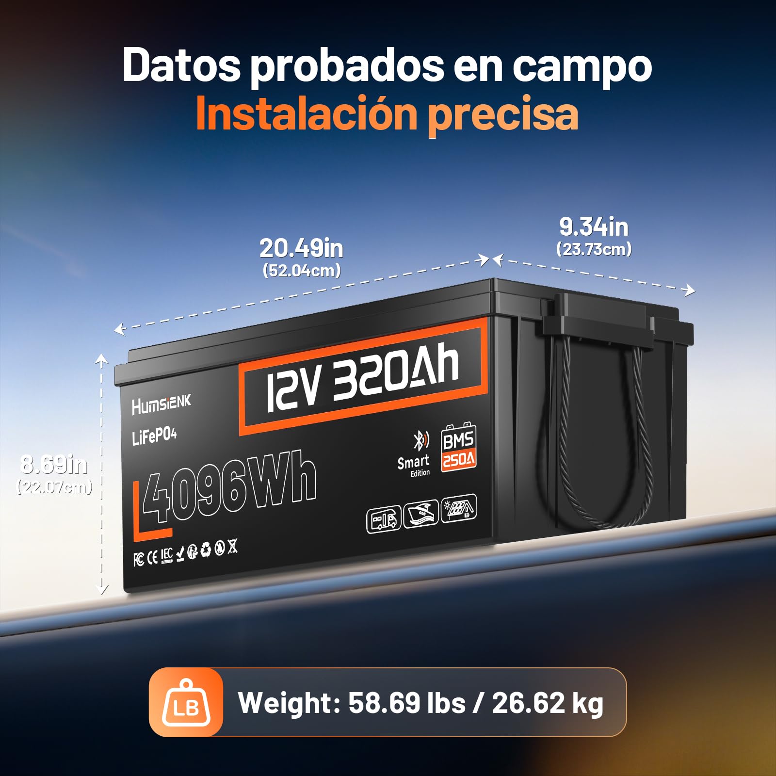 Humsienk Batería Litio 12V 320Ah con Bluetooth, Bateria LiFepo4 4096Wh, 250 BMS con Protección de Baja Temperatura,hasta 15000 Ciclos,Batería Recargable para Autocaravana,Barco,Placa Solar y Caravana