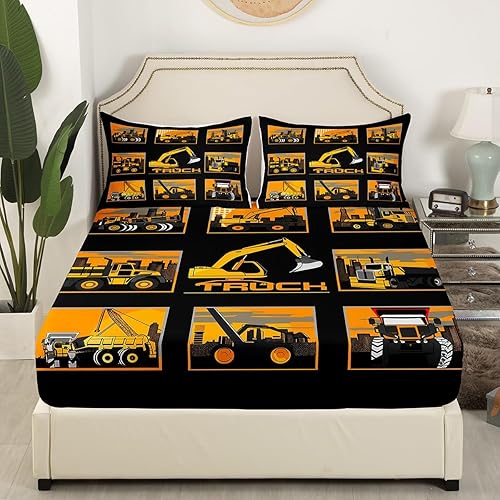 Miniatura 4 de Erosebridal Juego de sábanas para cama de excavadora, tractor, camión, sábana bajera ajustable para niños, niñas, adolescentes, caricaturas,