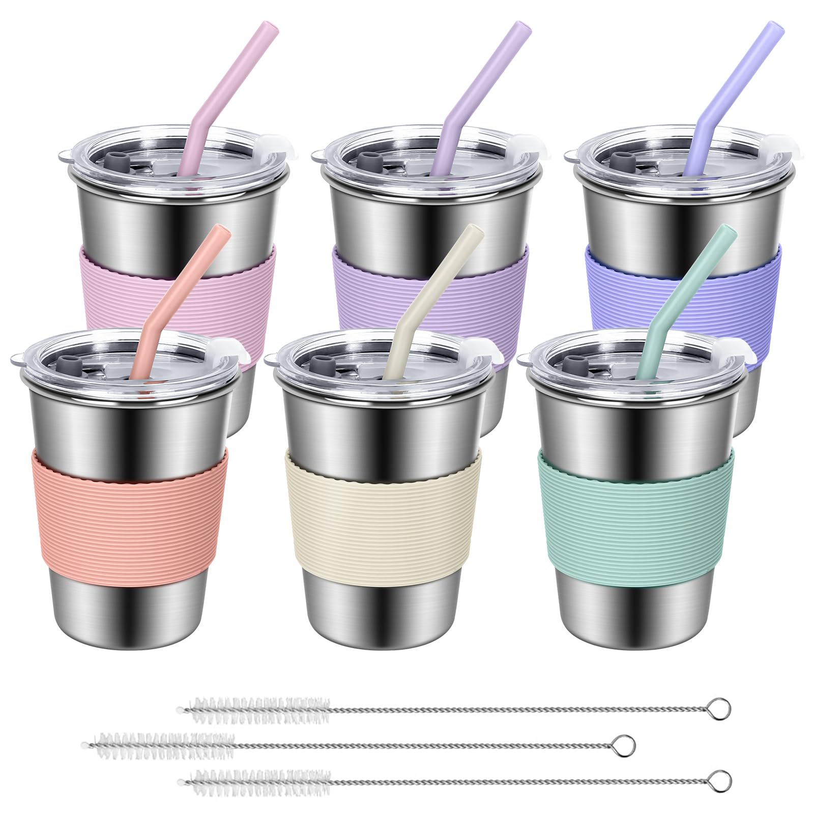 RommekaCups with Lids and Straws for Kids, 6 Color 12oz Stainless Steel Toddler Cups with Colorful Silicone Sleeves Spill Proof Drinking Glasses