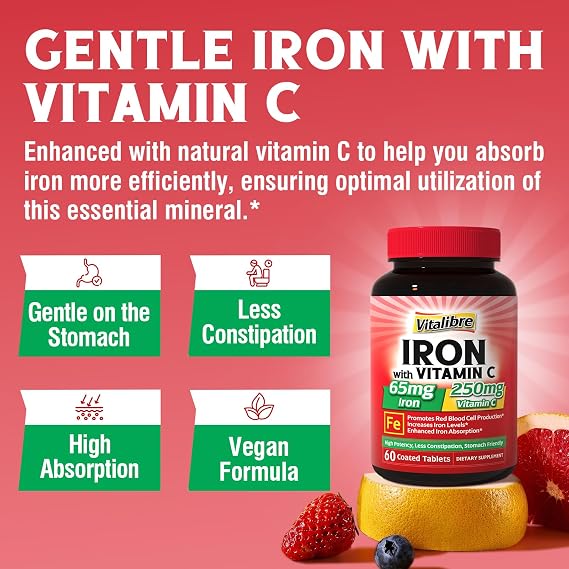 Iron Supplement for Women & Men, with Vitamins C, B6, B12 & Folate + Iron Supplement, 65mg Carbonyl Iron with 250mg Vitamin C