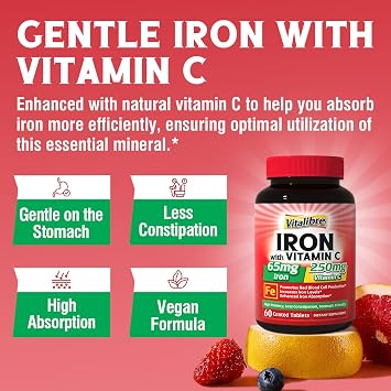 Iron Supplement for Women & Men, with Vitamins C, B6, B12 & Folate + Iron Supplement, 65mg Carbonyl Iron with 250mg Vitamin C