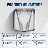 Vista 5 de Secador de manos comercial AIKE Elephant Power de alta velocidad con viento cálido automático, cubierta de acero inoxidable cepillado AC110V-130V