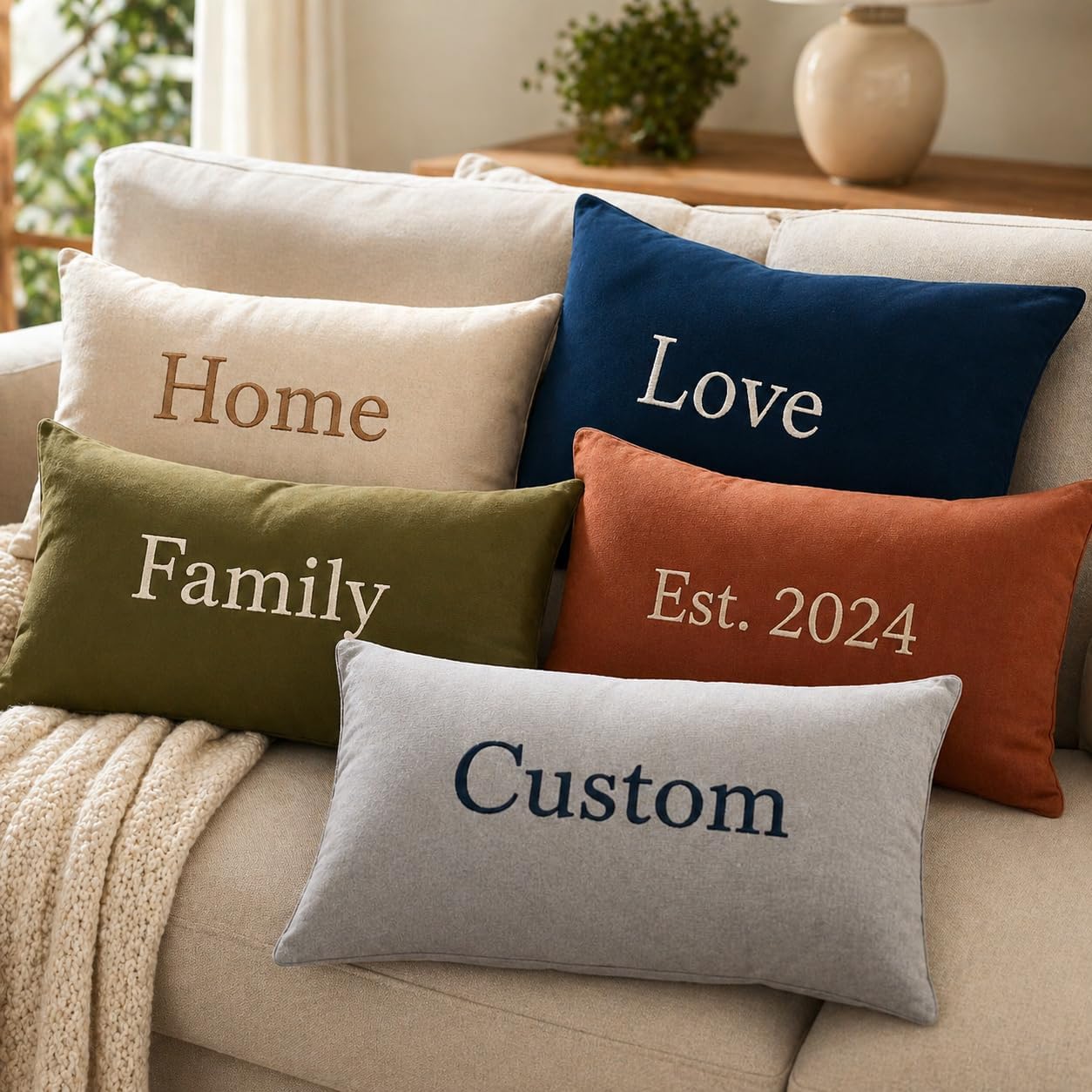 mia'spillow lab Embroidered Pillow Cover with Custom Text, Name or Logo – Personalized Throw Pillow for Couch, Bed & Home Decor, Fully Customizable Design, Decorative Cushion Case