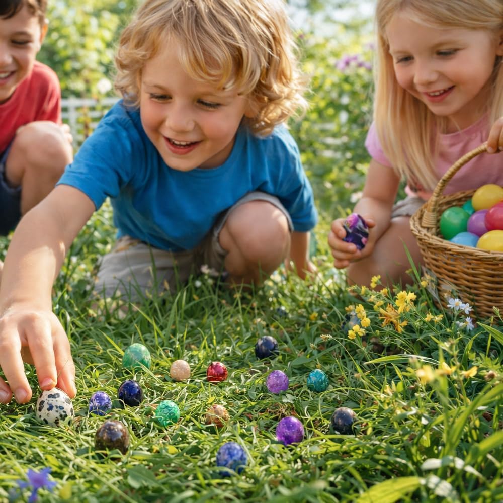 Easter Gifts for Kids - 15 pcs Egg-Shaped Gemstones Rocks Crystals Collection with Card and Geology Guide, Easter Basket Stuffers Egg Hunt Party Favors Science Kit Gift for Boys and Girls