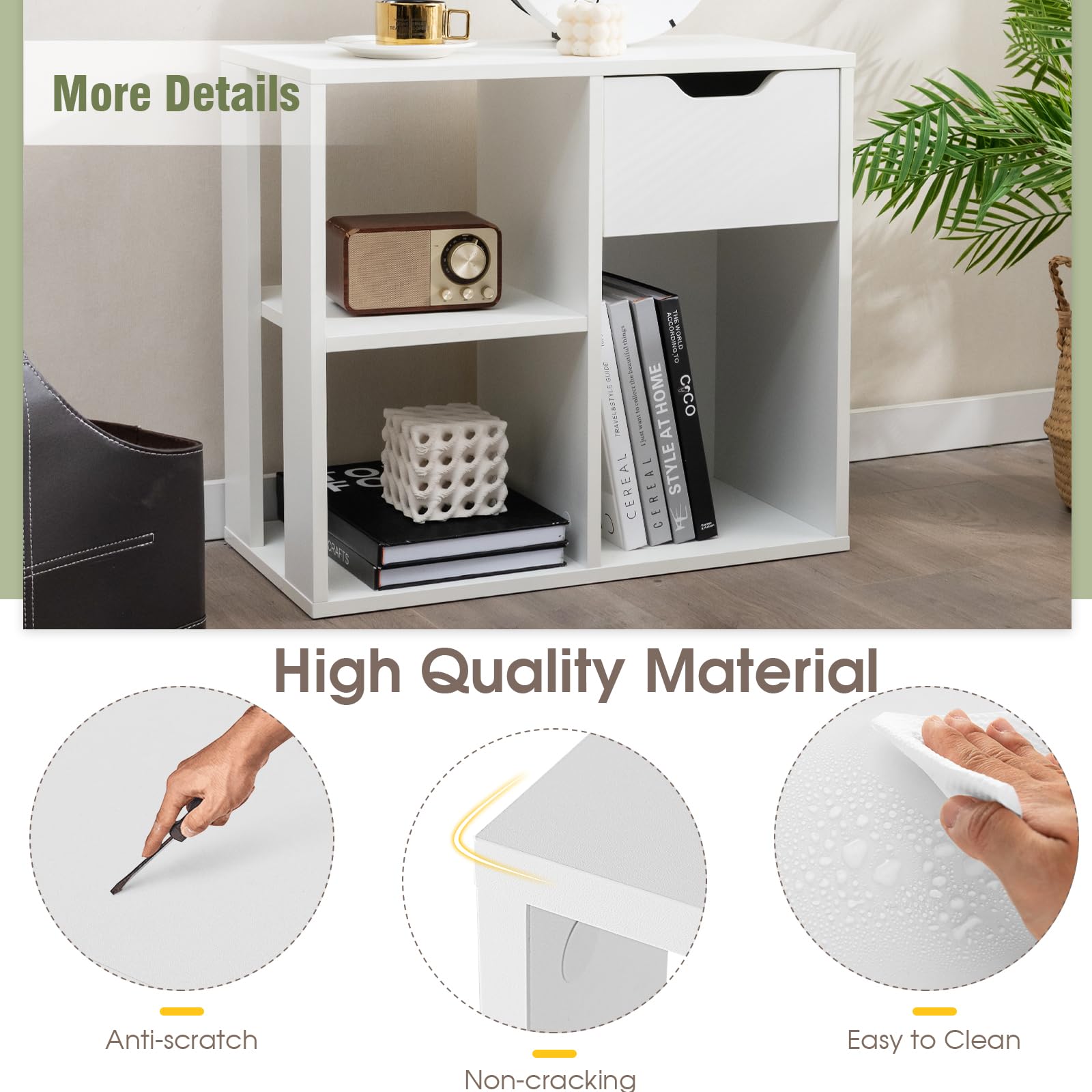 LIFEZEAL Tavolino Basso, Tavolino Laterale da Divano, con 1 Cassetto, 3 Scomparti Aperti, Libreria, Scaffale Portaoggetti, in Legno, Bianco, per Soggiorno, Moderno, Multiuso, Max 80 kg, 60x30x53 cm