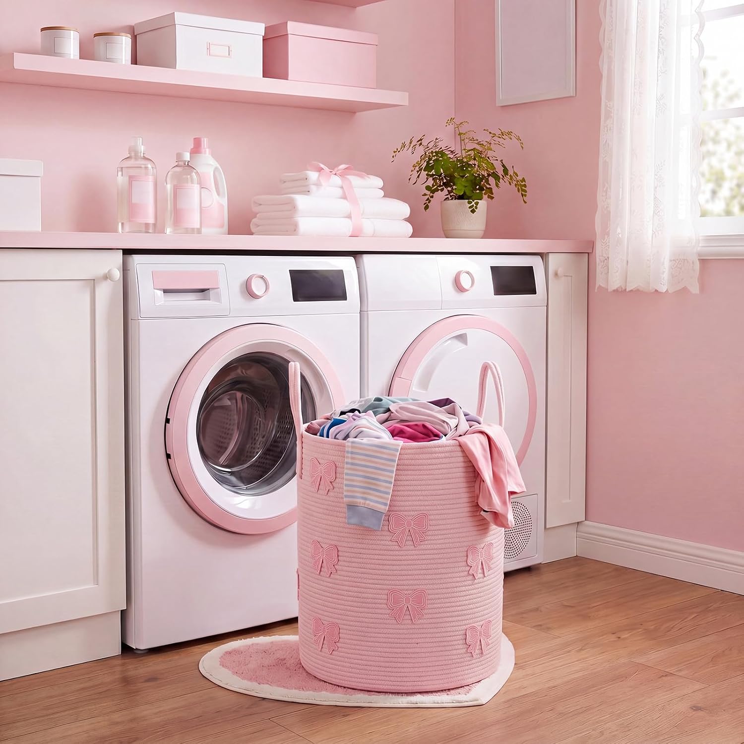 RattanView Pink Bow Cotton Rope Toy Basket Hamper for Girls Kids Nursery