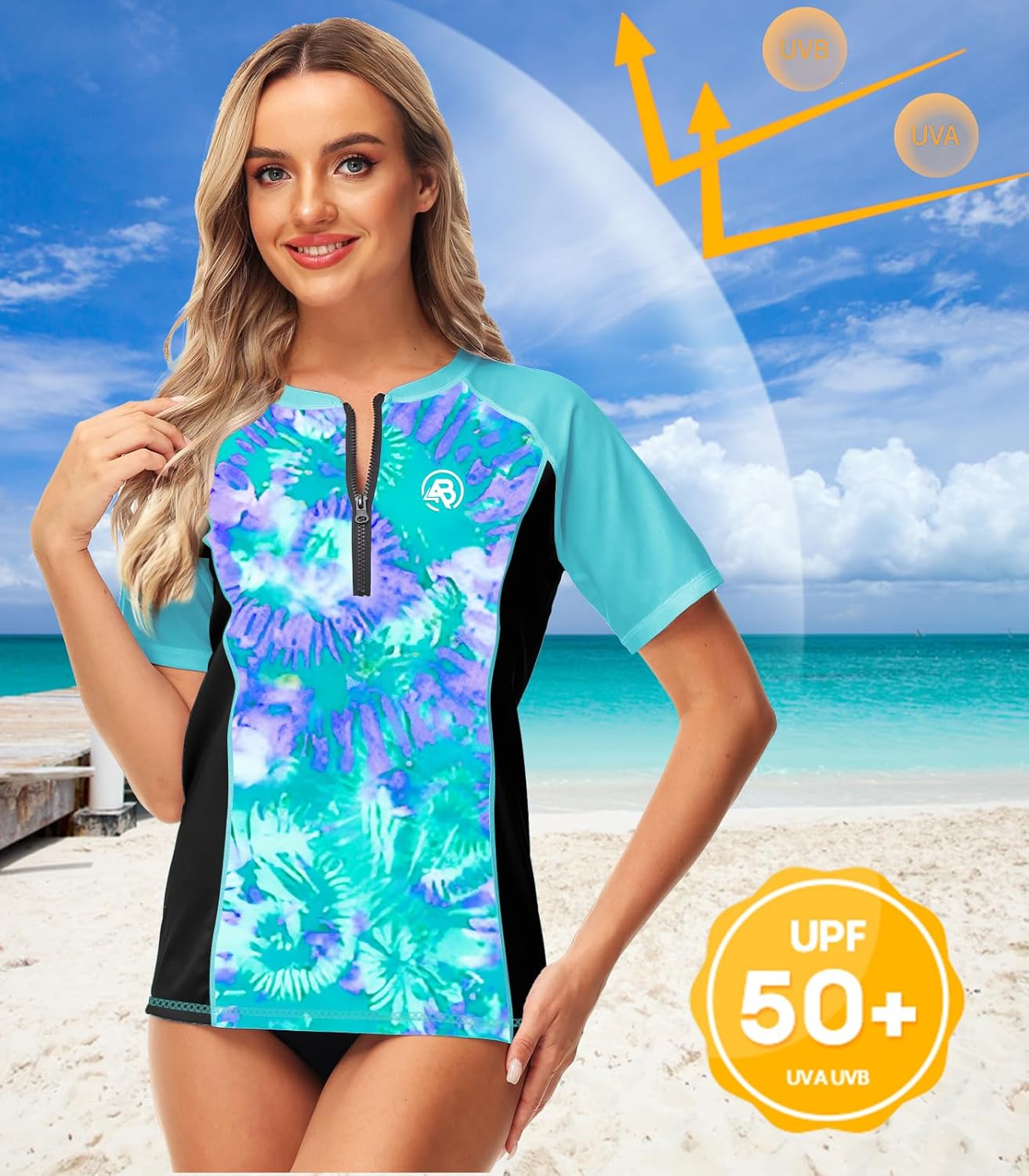 AOBUTE Women Zip Rash Guard UPF 50+ Gradient Short Sleeve Swim Top Surf Shirts - Image 4