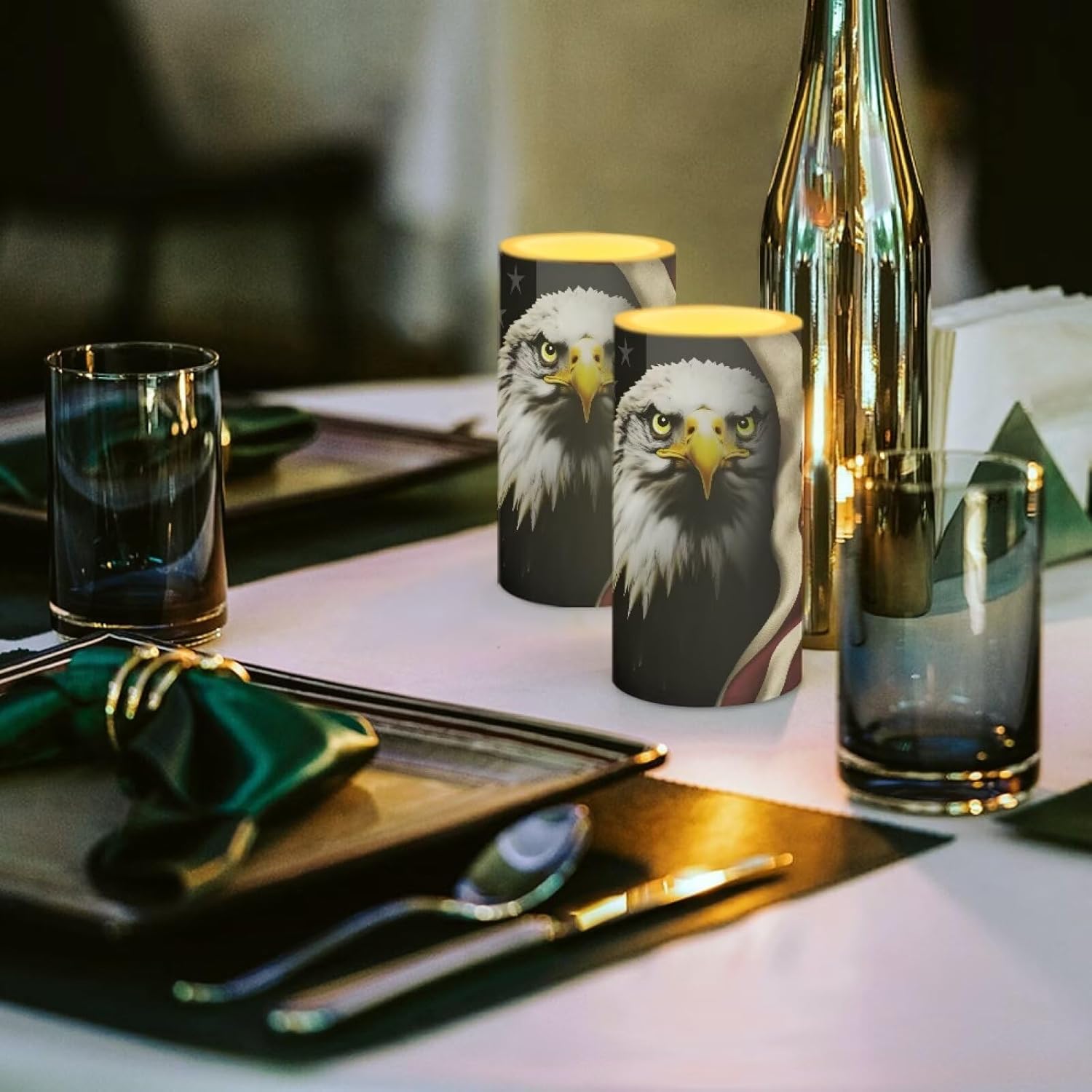 USA Flag Flameless Candles 2 Pack 6 x 3 inch Eagle Flag Print Battery Operated Candles with Multicolor Timer Remote Control LED Fake Candles for Warm Light Dinner Table Home Patriotic Decor