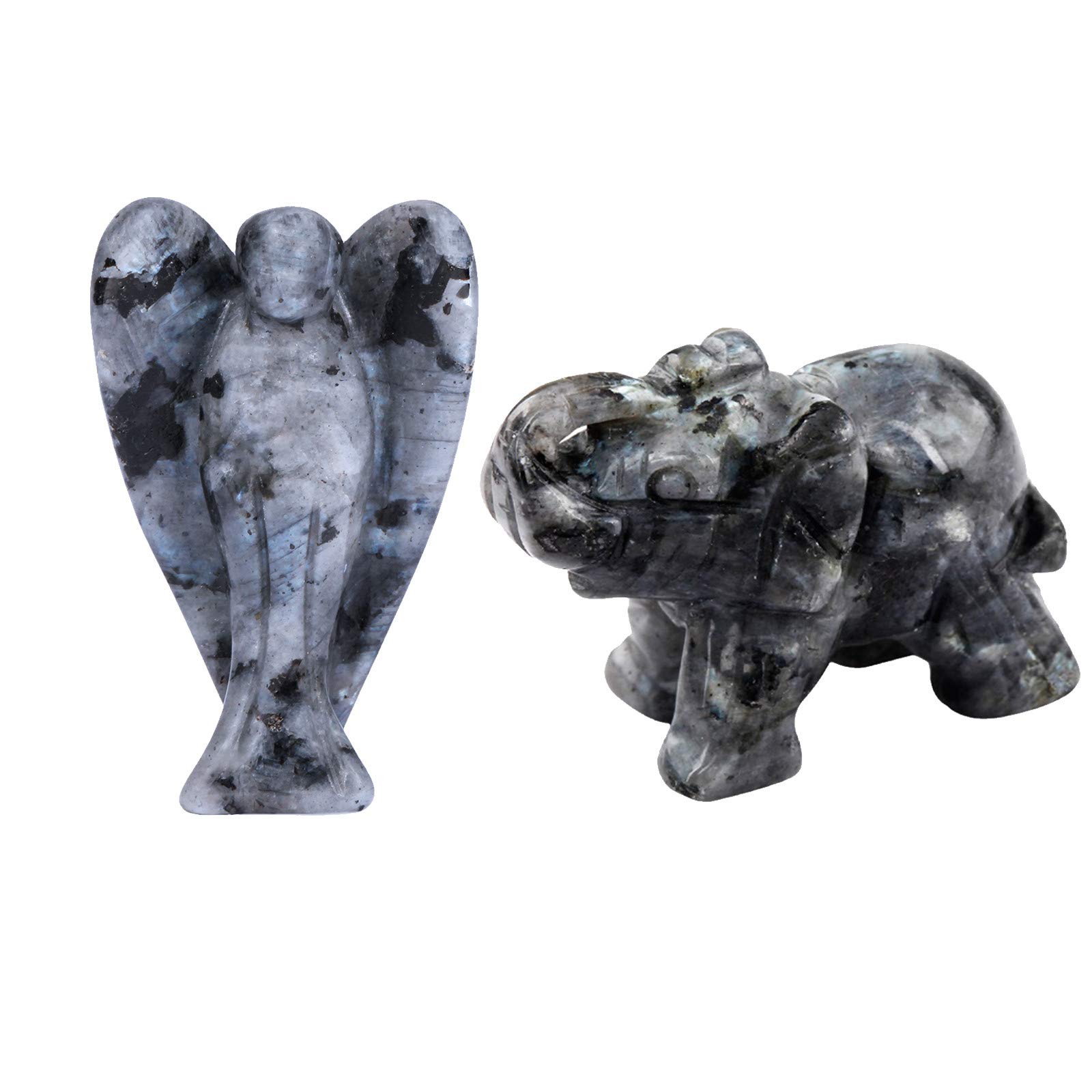 mookaitedecor Carved Labradorite Elephant Crystal & Guardian Angel Figurines Set, Mini Statue Pocket Stone for Healing and Home Decor 1.5 Inch