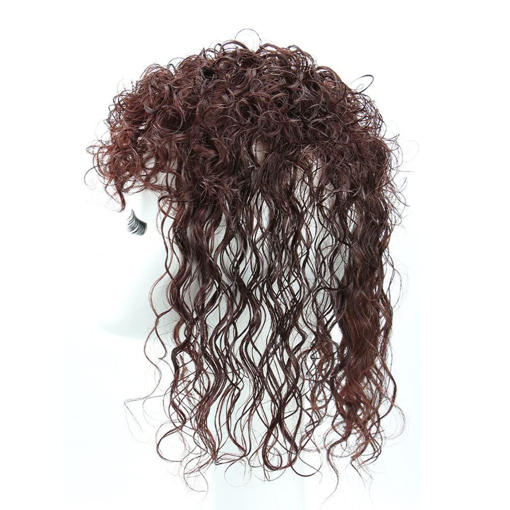 RemeeHi Curly Wavy With Fluffy Bangs Remy Human Hair Topper Hairpiece Replacement Wiglet For Women Thinnering Hair 25cm Natural Black