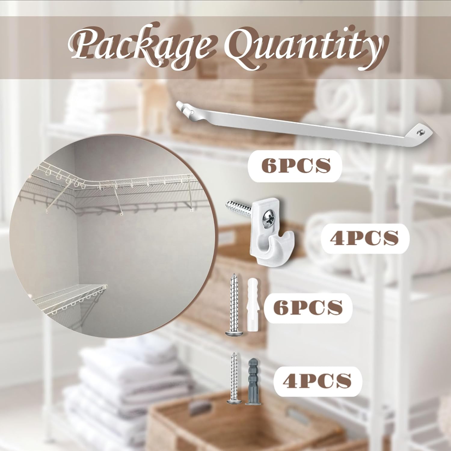 6PCS 12 Inch Wire Shelf Brackets, Heavy Duty Wire Shelving Support Brackets, Closet Rack Support with 4 PCS Wire Shelf Clips, Closet Wire Shelf Support Brackets for Laundry, Closet, Garage