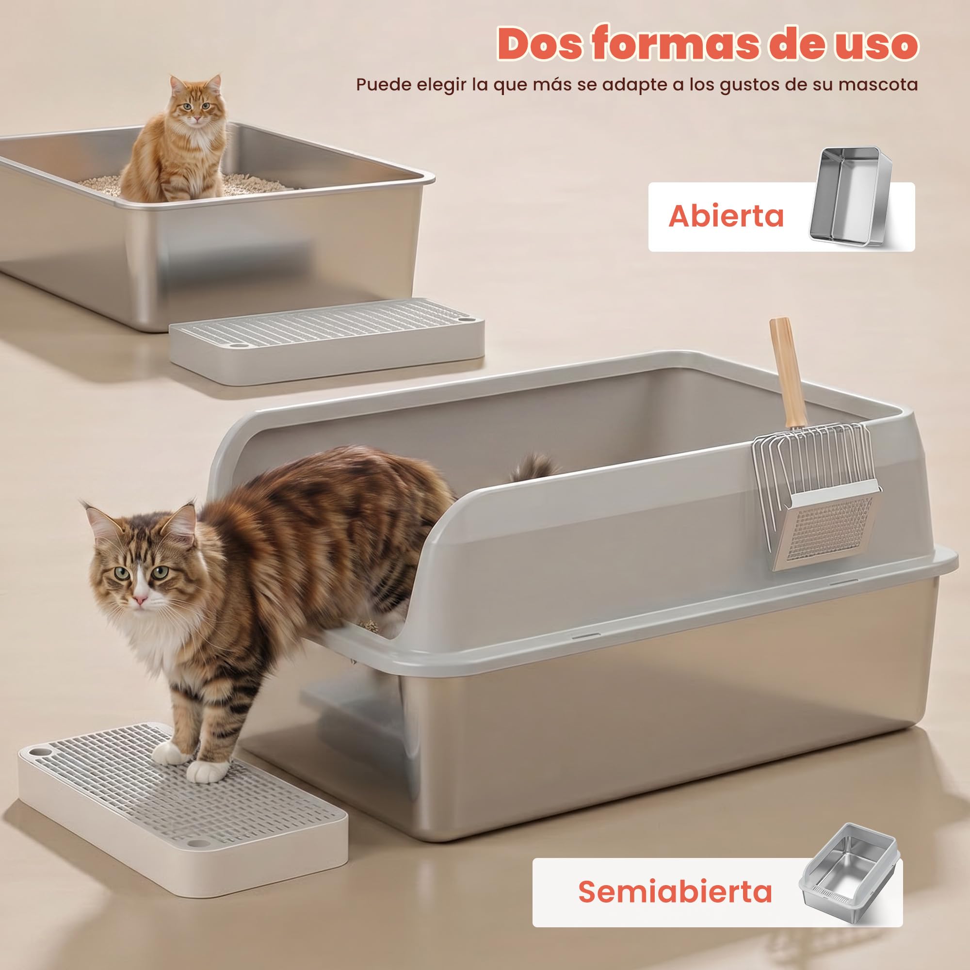 Arenero Gato Acero Inoxidable, XXL Arenero Gato Grande con Bordes Altos & Entrada Baja, Caja Arena para Gatos sin Tapa, Antiderrames Antifugas con Cierre a Presión, con Rejilla,Tapete