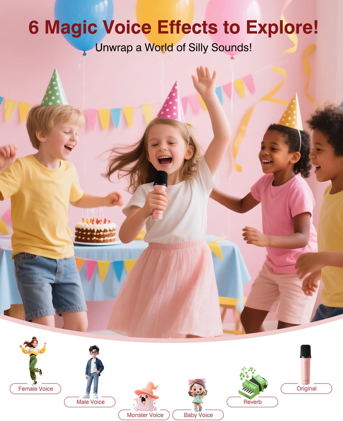 Karaoke Machine for Kids, Mini Portable Bluetooth Speaker with 2 Wireless Microphones and Party Lights for Girls Boys Family, Support USB/AUX/TF Card for Birthday Gifts Home Party - Image 6