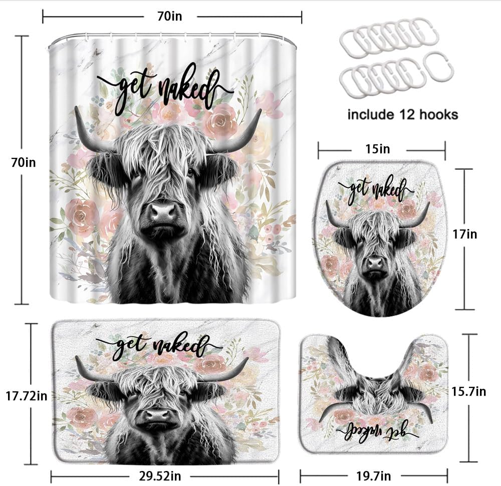 4 Piece Farmhouse Highland Cow Shower Curtain Set with Rugs Toilet Lid Cover Funny Get Naked Cattle Rustic Farm Grey Longhorn Floral on Marble Farmhouse Animal Bathroom Shower Curtain with Hooks