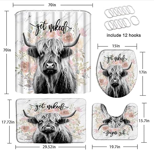 Miniatura 2 de Juego de 4 cortinas de ducha con alfombras, cubierta de tapa de inodoro, divertido ganado rústico de granja, cuerno largo floral sobre mármol,