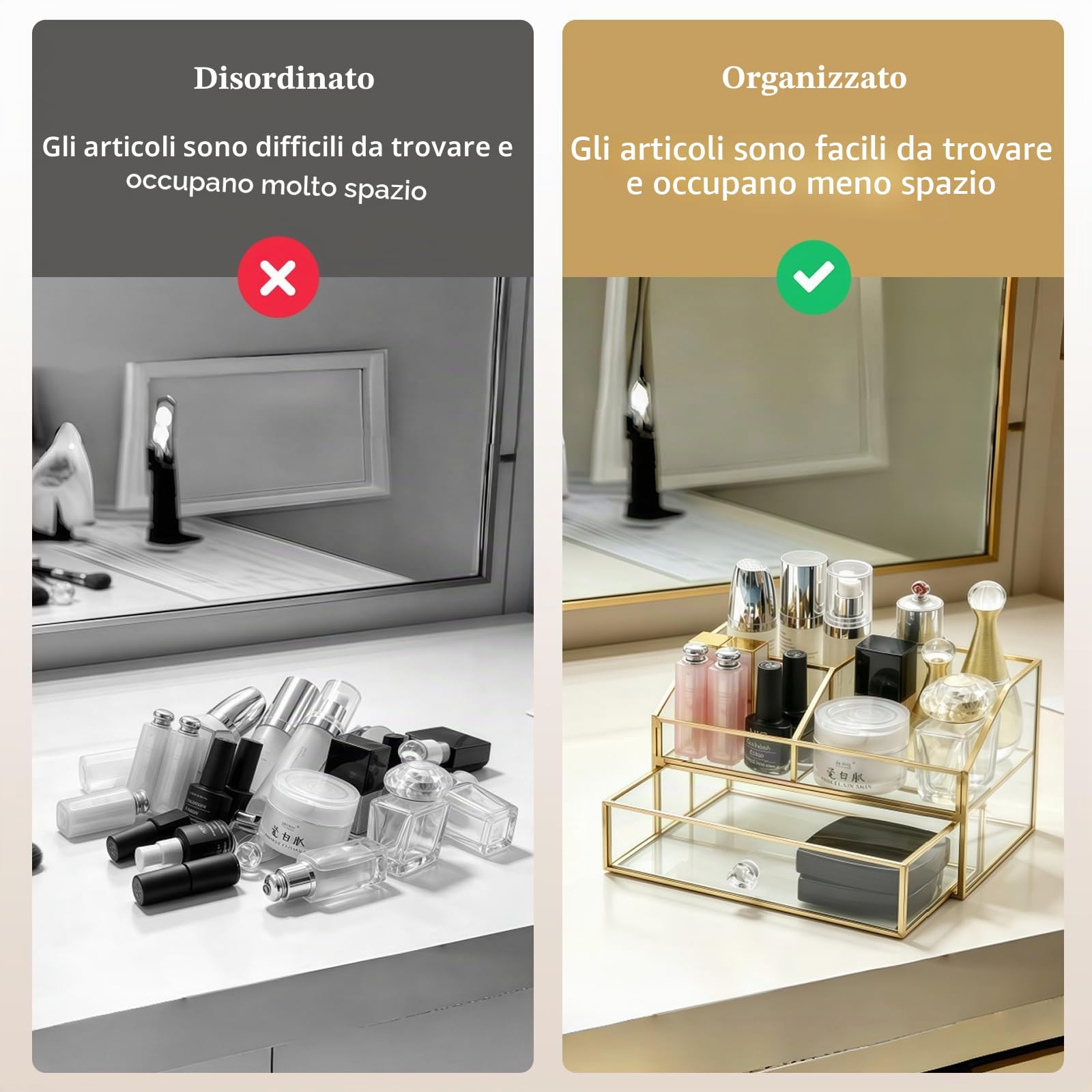 HARLIANGXY Porta Trucchi Organizer con Cassetti, Organizzatore di Trucco Trasparente, Contenitore per Cosmetici di Alta Qualità, Make up Organizer, Portaoggetti per Toeletta Oro