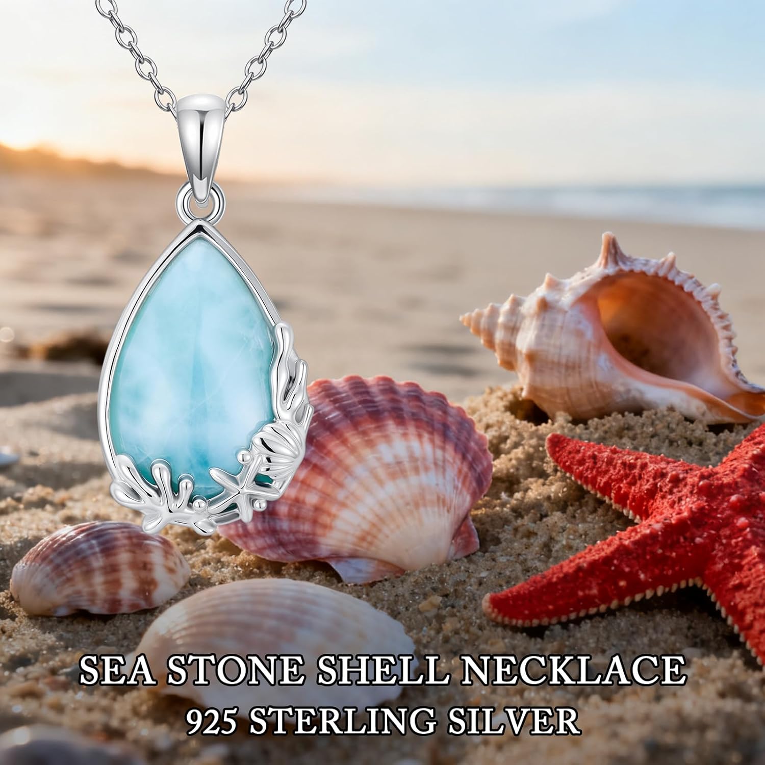 Natural Larimar Necklace 925 Sterling Silver Teardrop Larimar Starfish Shell Pendant Summer Beach Ocean Gemstone Jewelry Gifts for Women - Image 7