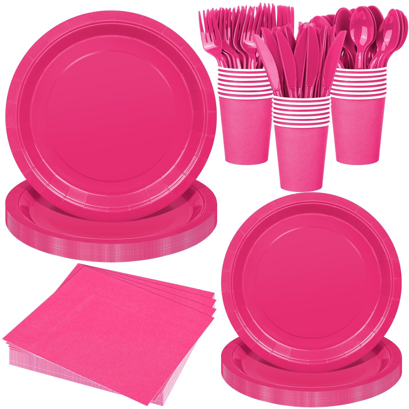 WYTAOHZL 175PCS Party Paper Supplies for 25Guests Hot Pink Paper Disposable Plates Hot Pink Birthday Plates with Hot Pink Paper Napkins Cups Plastic Spoons Forks Knives for Wedding Picnic