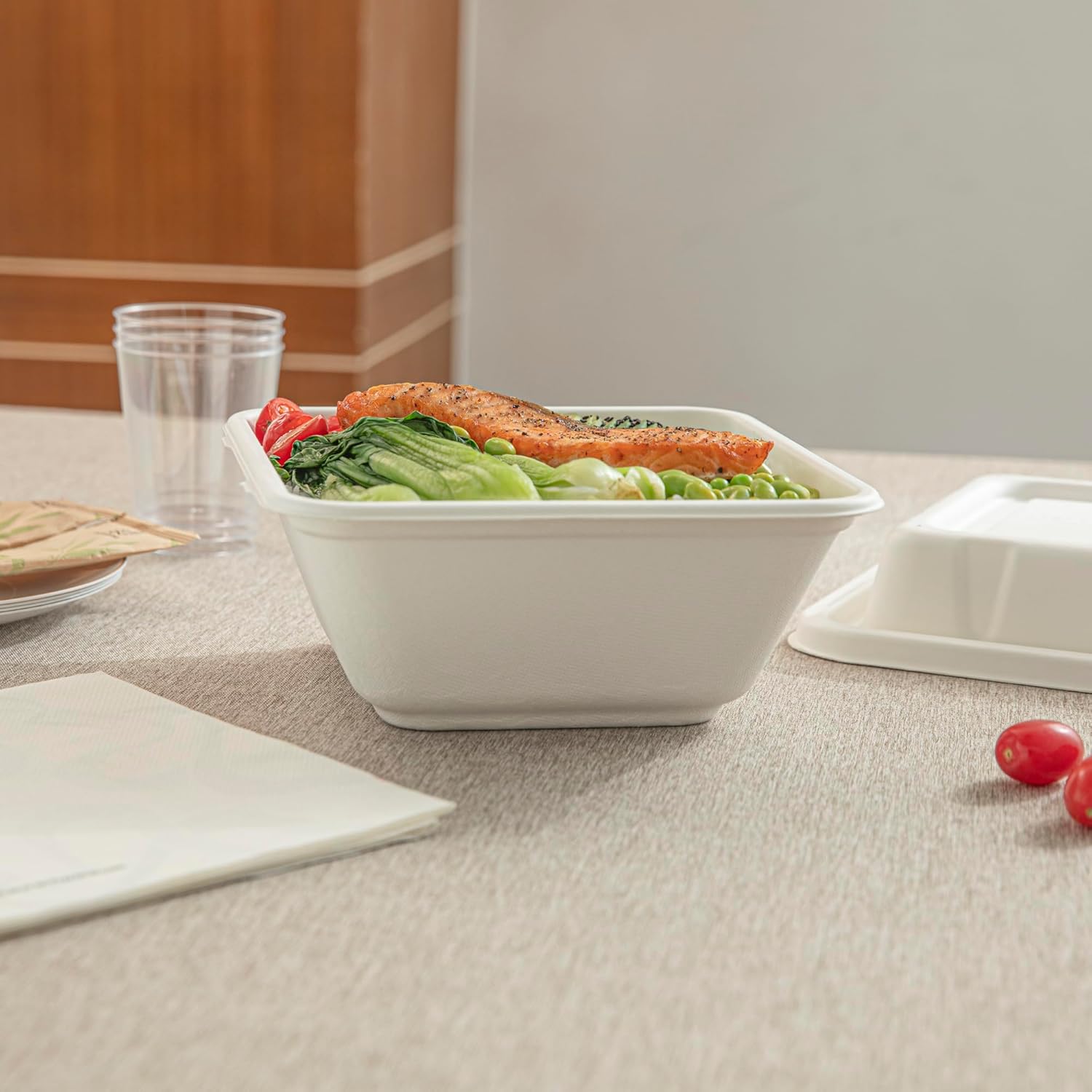 Restaurantware Pulp Safe No PFAS Added 80 Ounce Square Bowls 100 Disposable Bowls - Lids Sold Separately Home Compostable White Bagasse Bowls Freezable And Microwavable For Hot And Cold Foods