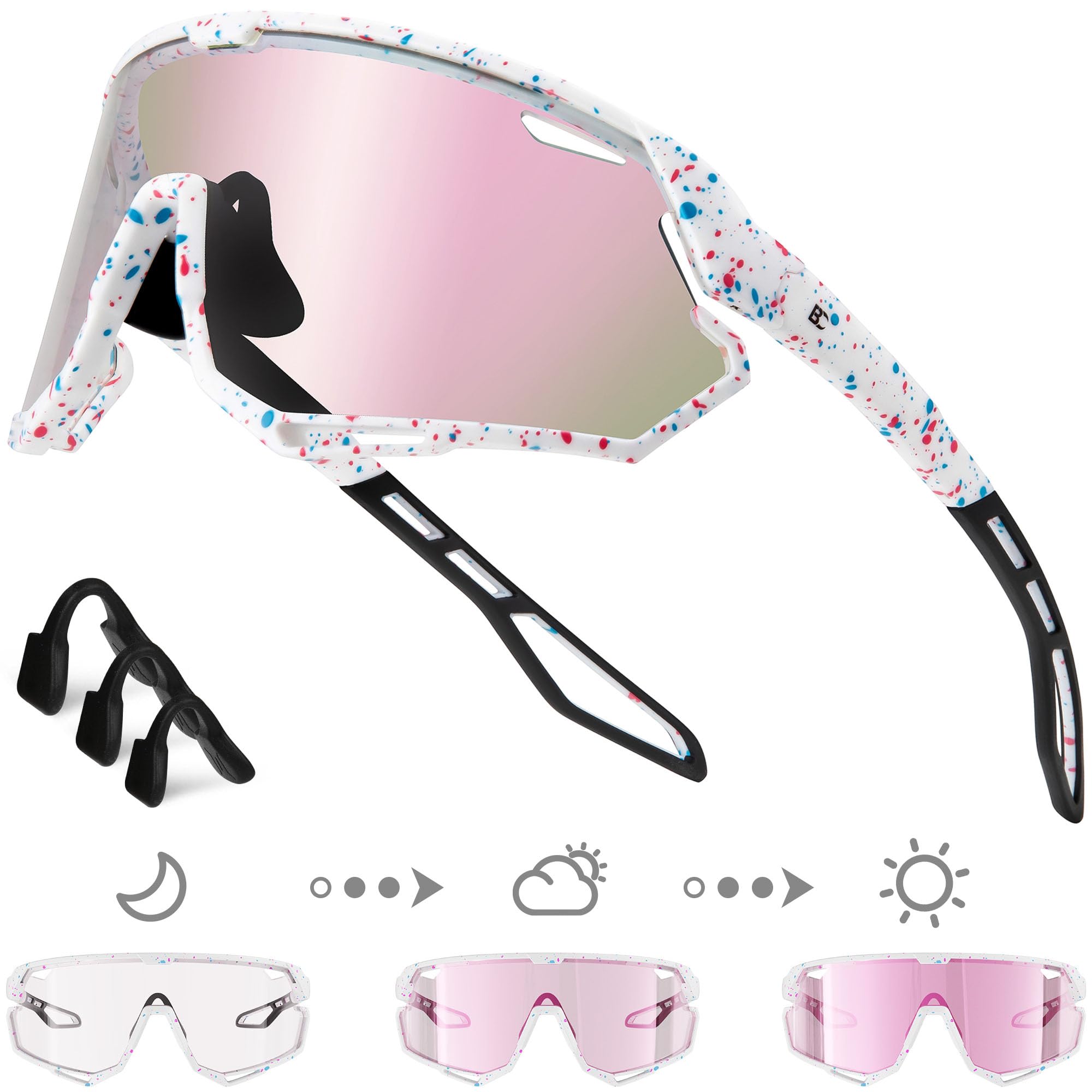 Bircenpro Photochromic Sports Cycling Glasses: Lightweight UV400 Protection Sunglasses for Men Women Outdoor Running MTB Pink Lens