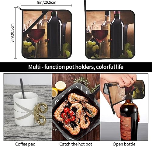 Miniatura 8 de Soportes para ollas de cocina, clásico vino tinto de uva y corcho, resistente al calor, almohadilla de calor antideslizante, 2 piezas, manoplas de