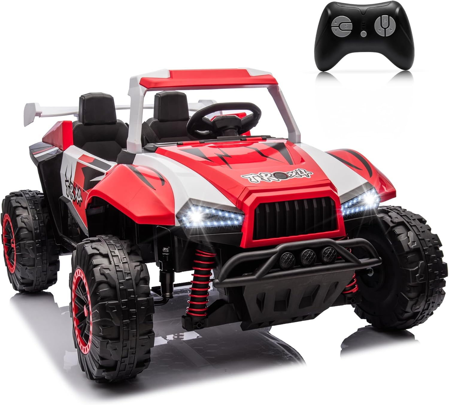 24V Ride on Car Toys for Big Kids, 2WD 4 Wheeler Electric Off-Road UTV Trucks with 2-Seater, LED Lights and Parent Remote Control for Ages 3+ Boys and Girls- White&Red