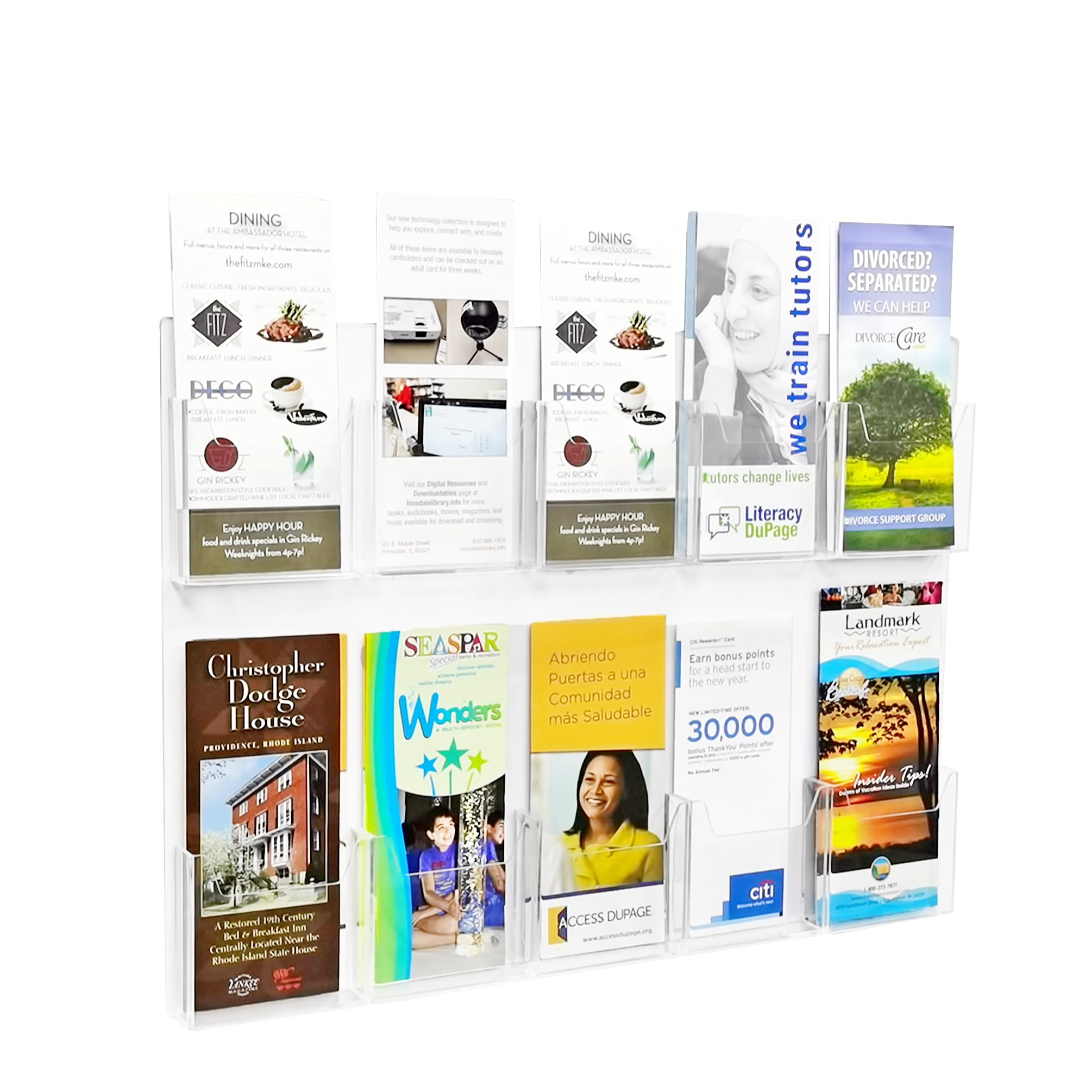 FixtureDisplays® 10-Pocket Wallmount Literature Holder, Takes Tri-fold up to 4X9.5" Wide Brochure Leaflet, Overall 22 X 15.7 X 1.3" 10187