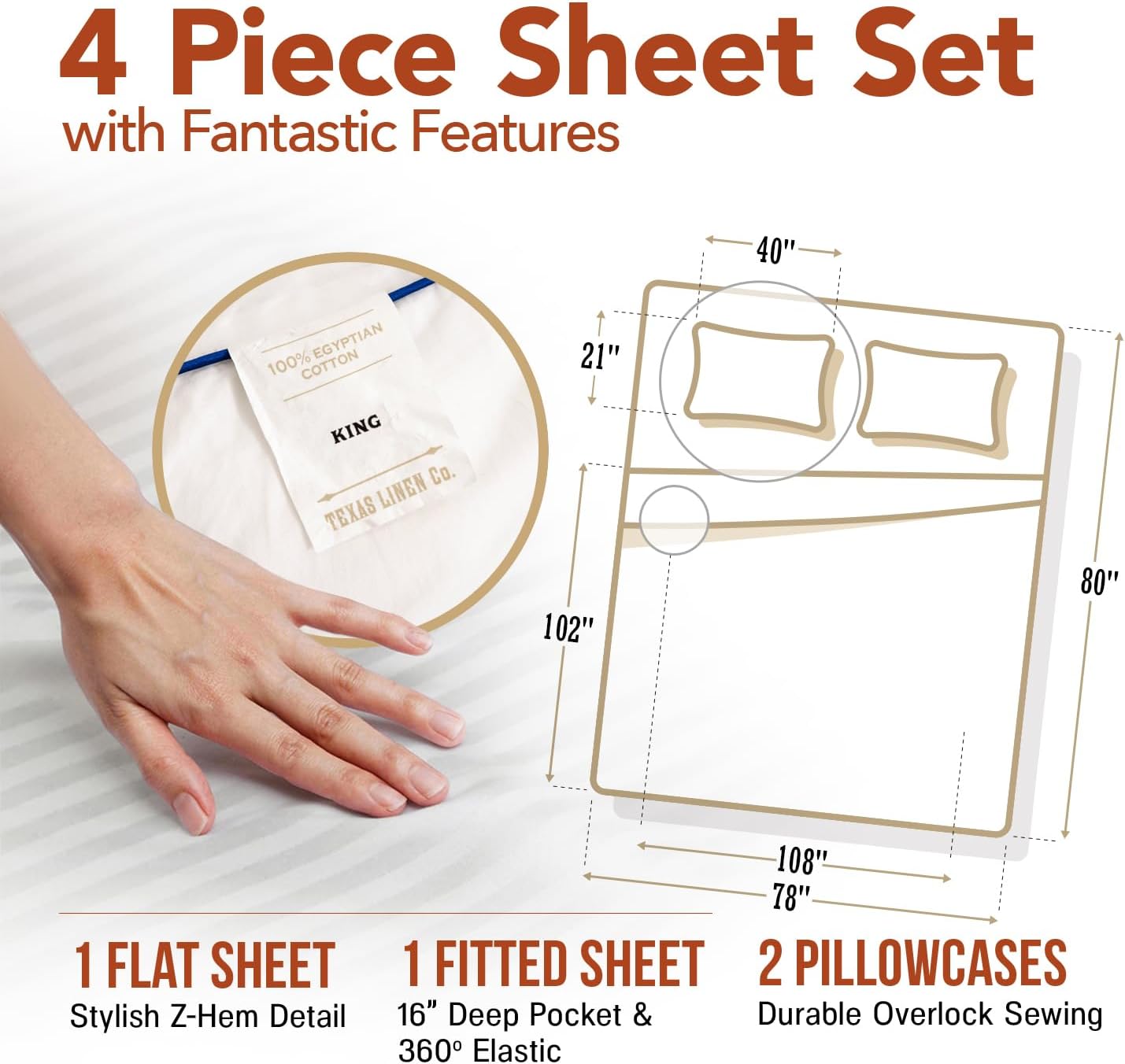 TEXAS LINEN CO. Luxury Egyptian Cotton King Stripe Sheet Set, 600 Thread Count Extra Long Staple 4 PC Set, King White Damask Sheets, Soft, Cooling Sateen Weave Sheets Upto 18 in Deep Pocket - Image 5