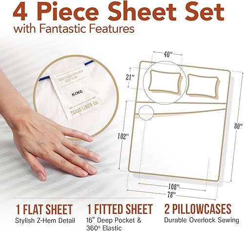 Miniatura 5 de TEXAS LINEN CO. Juego de sábanas de lujo de algodón egipcio tamaño King, 600 hilos de fibra extralarga, 4 piezas, sábanas de damasco blanco King,