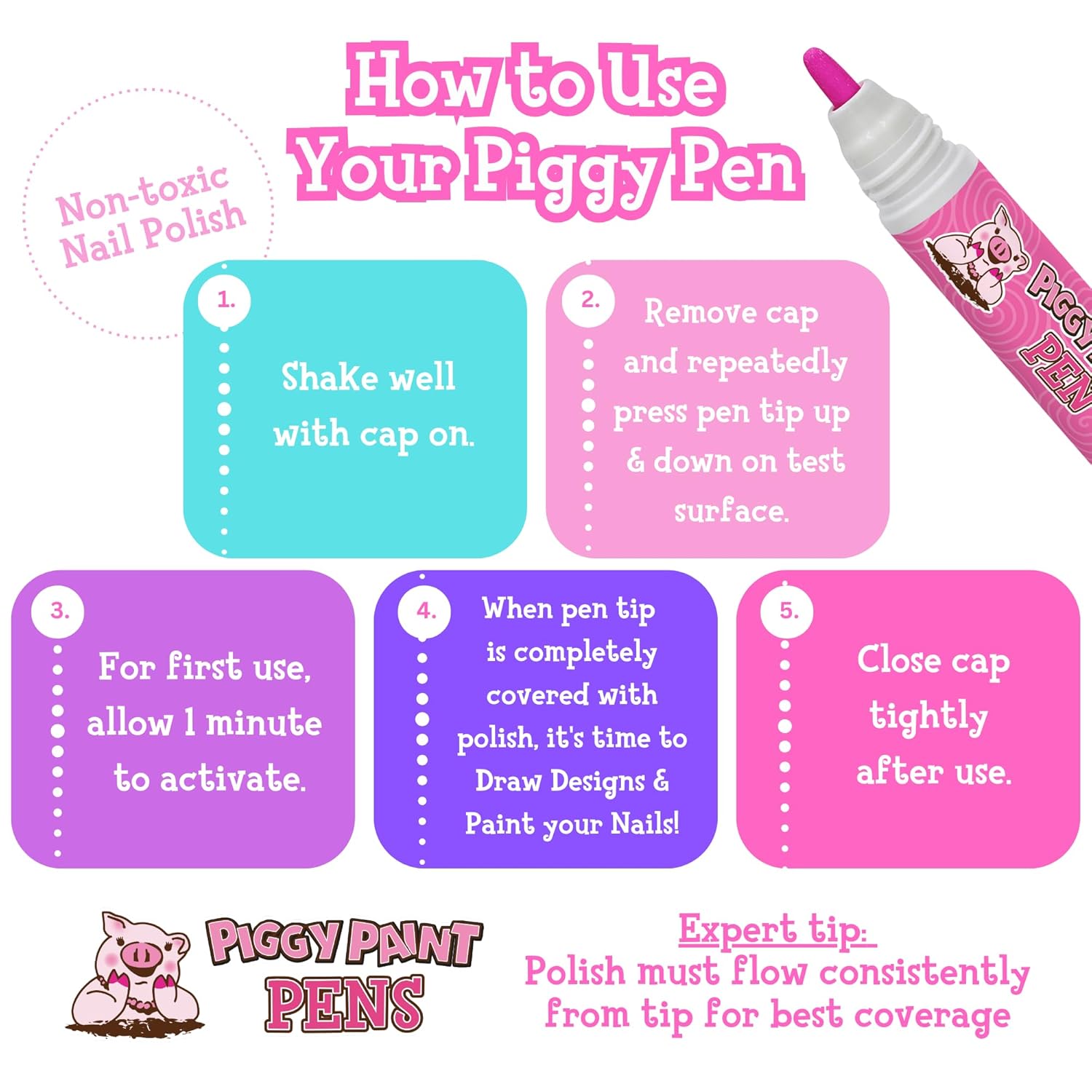Piggy Paint | 100% Non-Toxic Girls Nail Polish Pen Marker | Safe, Cruelty-free, Vegan, & Low Odor for Kids |3-pack Princess Pop Piggy Pen Bundle - PURPLE Power, Blazin' BLUE, Razzle RED