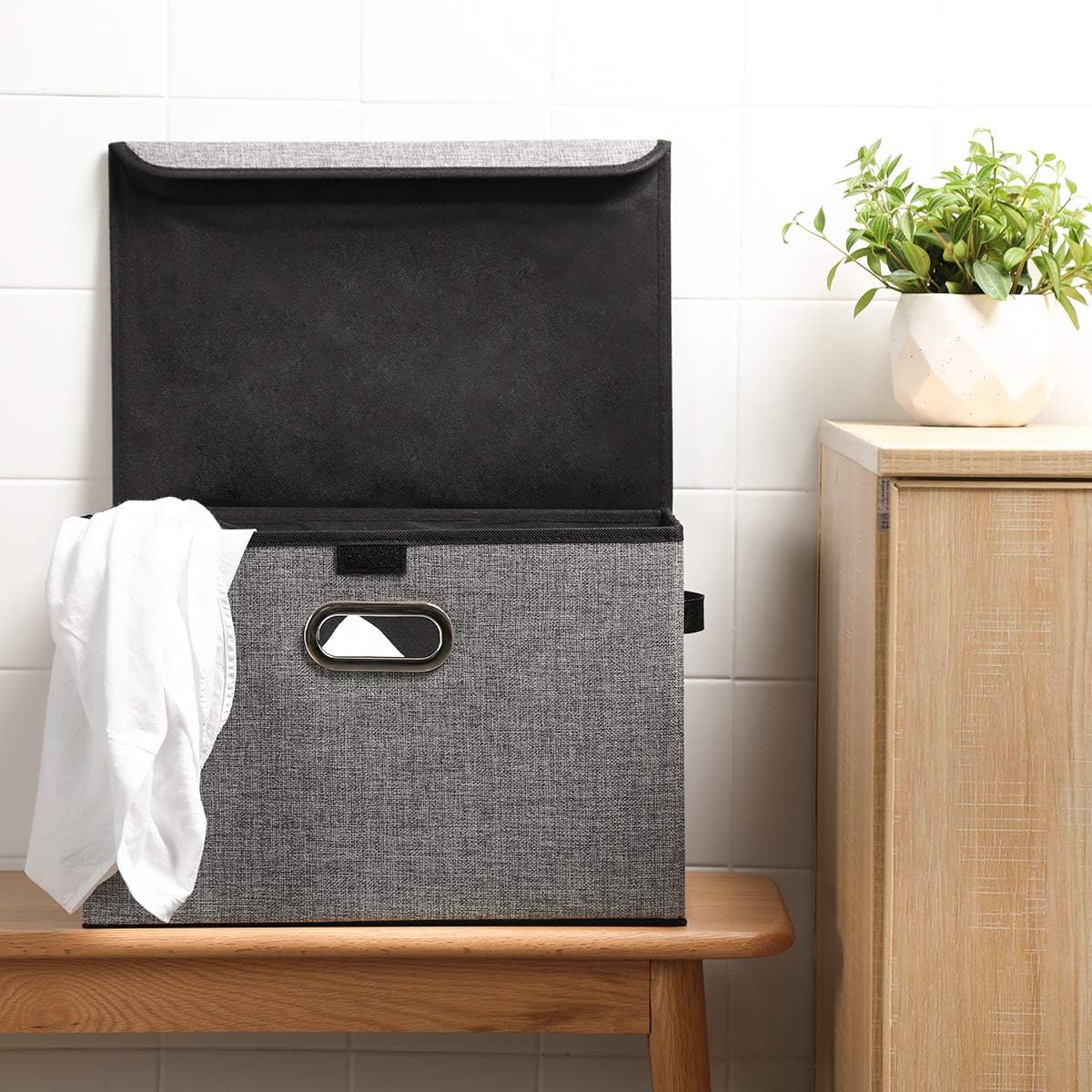 Large Foldable Storage Boxes Bins with Lids[3Pack] Stackable Collapsible Linen Fabric Storage Container Organizers with Handles for Home Bedroom Closet Office (Gray Color)
