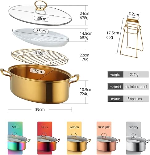Miniatura 8 de HMWOKPOT Vaporizador de pescado de acero inoxidable, olla ovalada multiusos con estante, sartén de cerámica, portabrocas para cocinar pescado al
