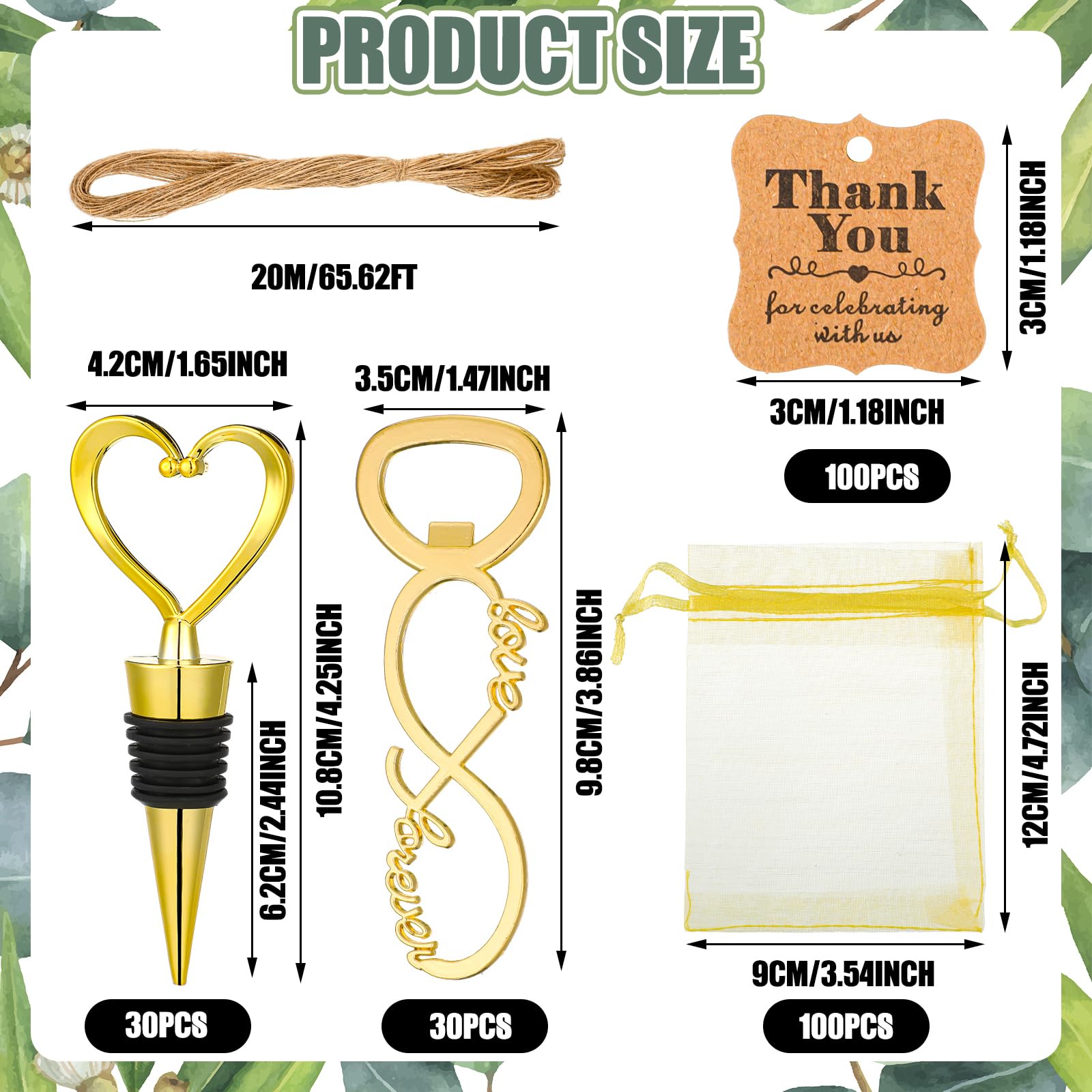 Tanlade 60 Stück Hochzeits-Partygeschenke für Gäste, Weinstopfen und Öffner, Liebes-Set, Love Forever, Brautparty, Gastgeschenke mit 100 Etiketten, 60 Netzbeutel für Hochzeit, Party, Souvenir,