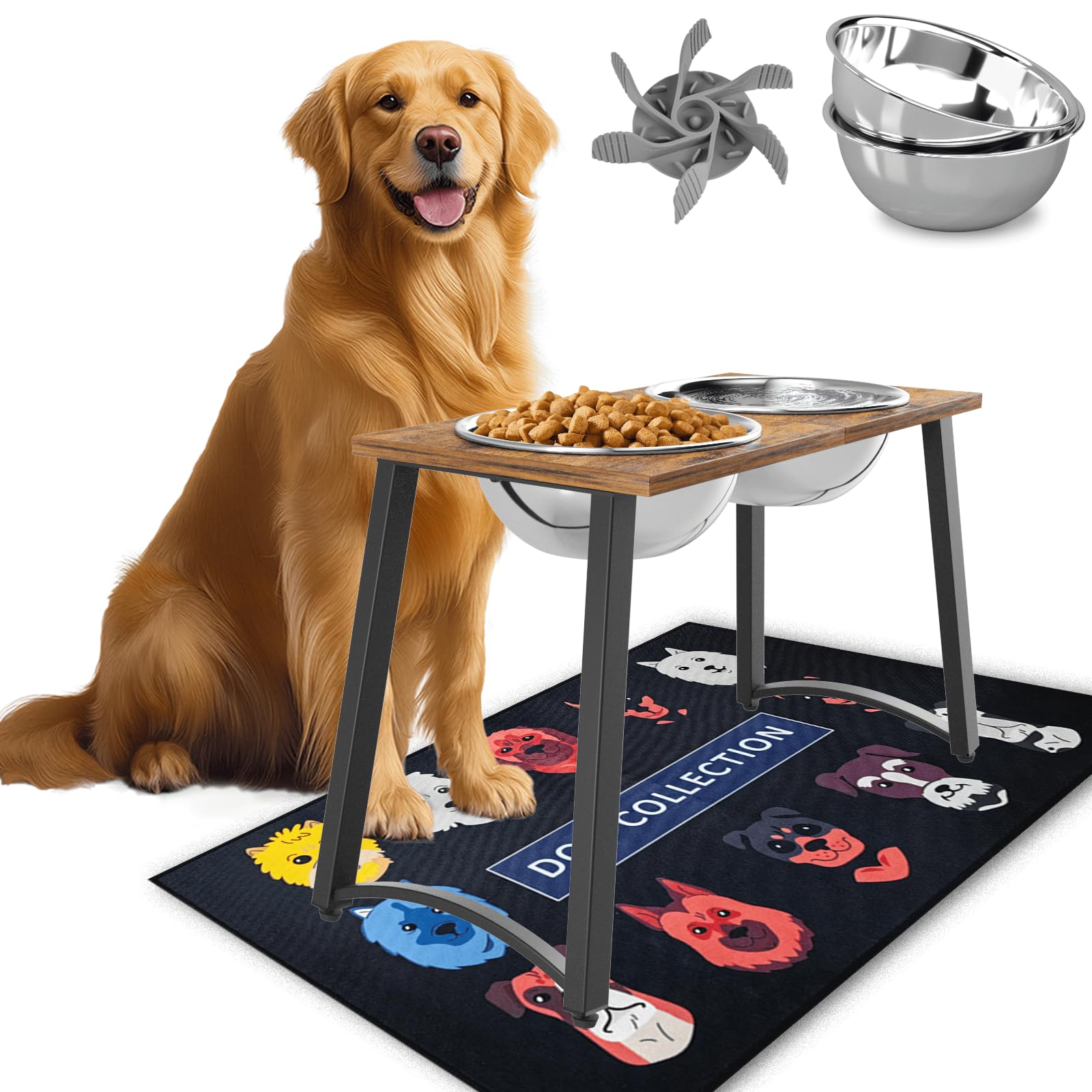 Elevated Dog Bowls for Large Dogs with Slow Feeder &amp; Mat, 101oz Bowls, Tall Raised Dog Bowl Stand