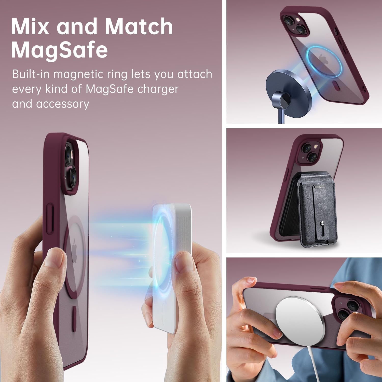 oakxco Funda magnética transparente para iPhone 15, compatible con carga Magsafe, funda protectora delgada para iPhone 15, a prueba de golpes, silicona suave TPU y policarbonato duro, borgoña