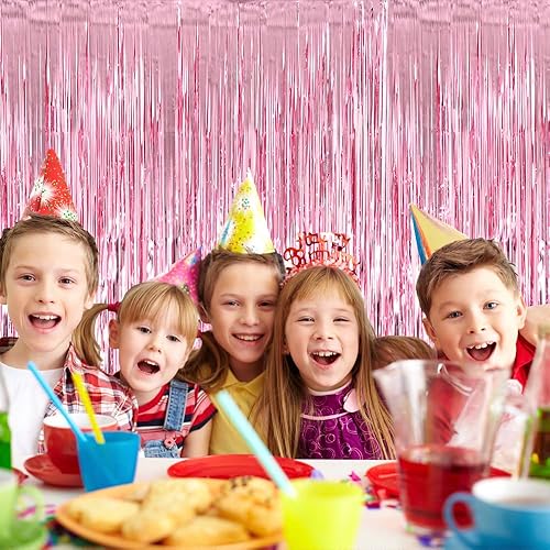 Miniatura 6 de Cortina de fondo con flecos rosas para decoración de fiestas, 6.5 x 6.5 pies, paquete de 2 unidades, telón de fondo rosa LILF para decoración de