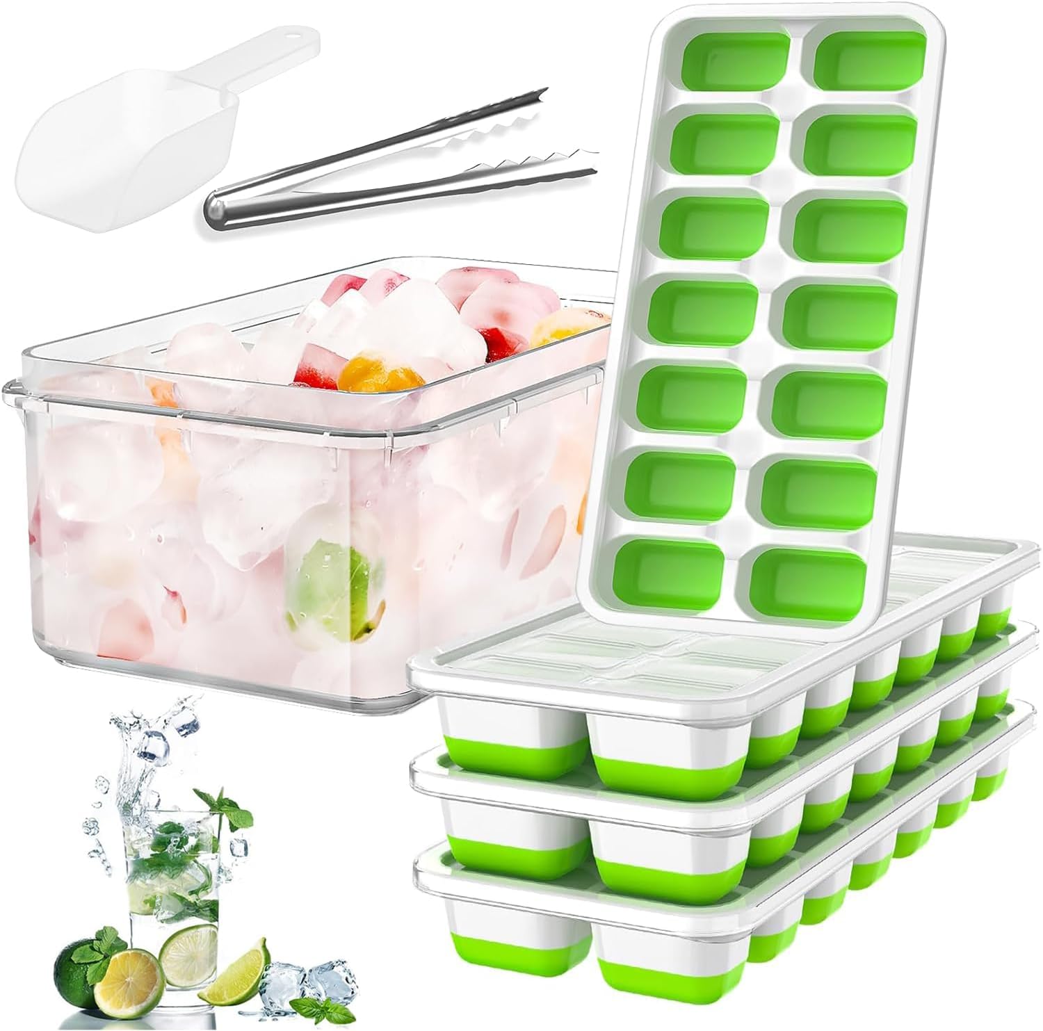 Ice Cube Tray with Lid and Bin, 4 Pack Silicone Plastic Ice Cube Trays for Freezer with Ice Box, Ice Trays with Ice Container, Stackable Ice Tray with Storage Ice Bucket Kits,Ice Tong,Ice Scoop