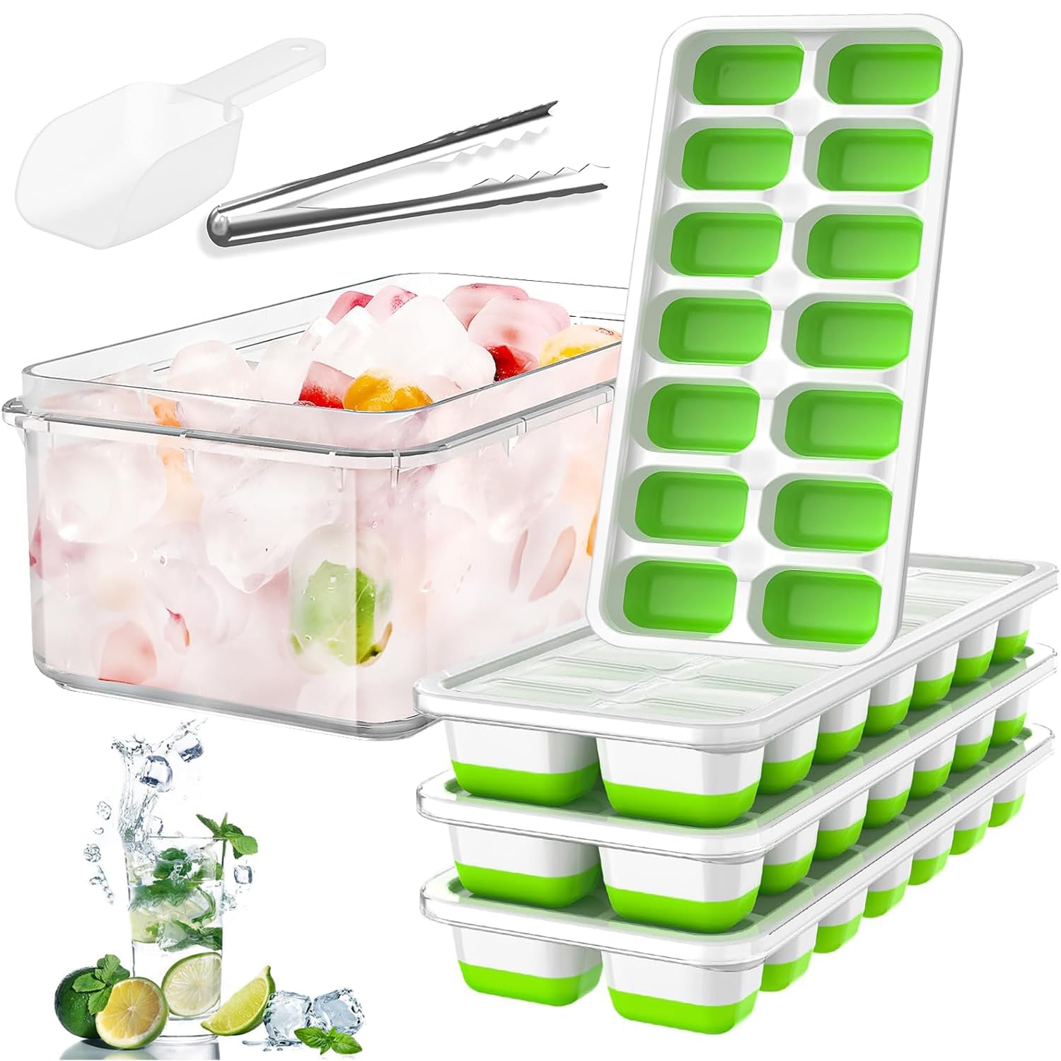 Ice Cube Tray with Lid and Bin, 4 Pack Silicone Plastic Ice Cube Trays for Freezer with Ice Box, Ice Trays with Ice Container, Stackable Ice Tray with Storage Ice Bucket Kits,Ice Tong,Ice Scoop