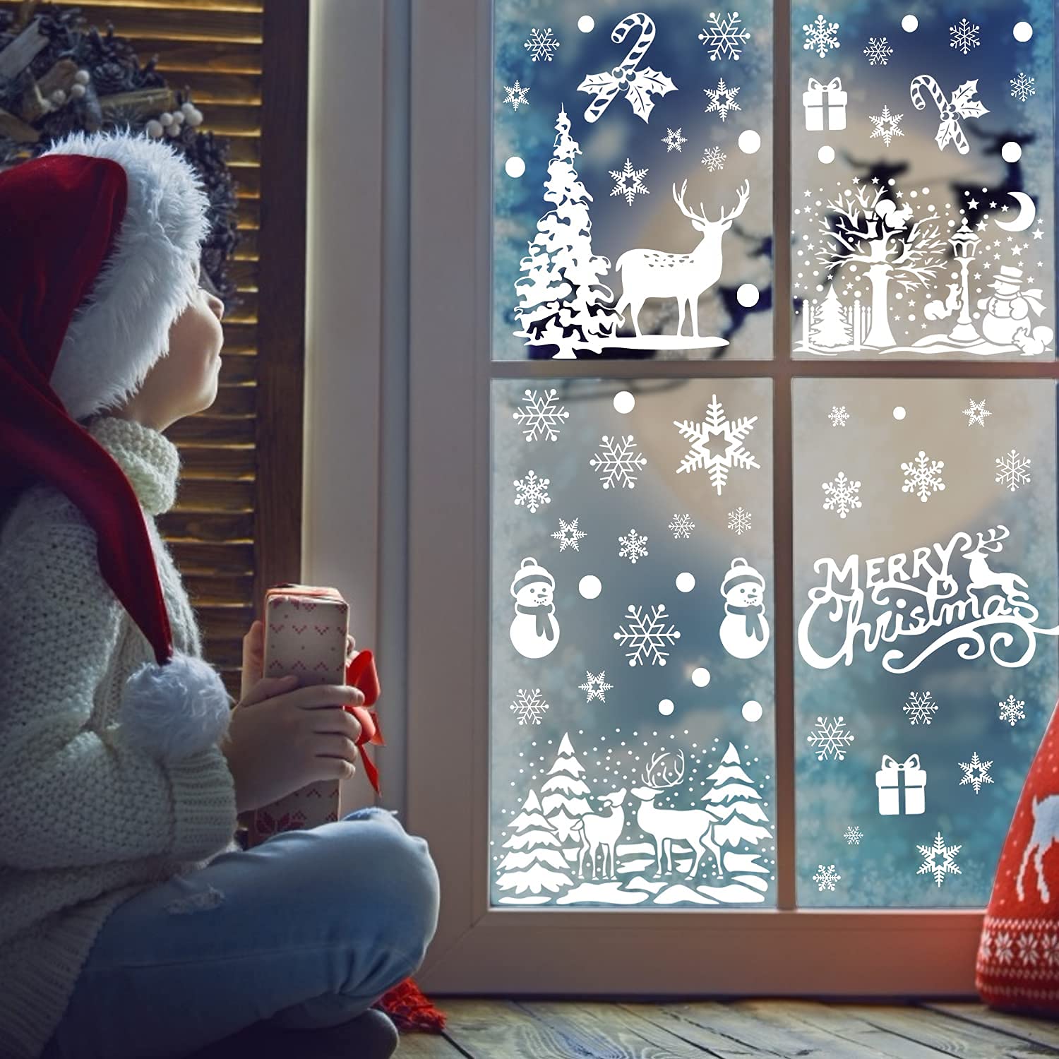 Adesivi natalizi per finestre, decorazioni natalizie, fiocchi di neve e renne, adesivi per feste | 9 fogli di fiocchi di neve e Babbo Natale