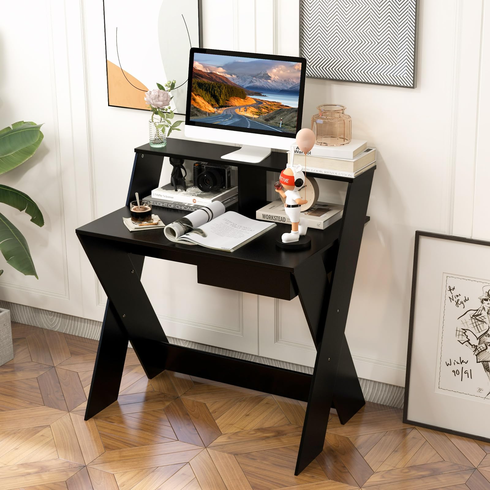 GIANTEX Scrivania per Computer, con Cassetto e Mensola per Computer Rialzata, Tavolo da Studio con Poggiapiedi e Gambe a Forma in X, Scrivania con Libreria per Casa e Ufficio (Nero)
