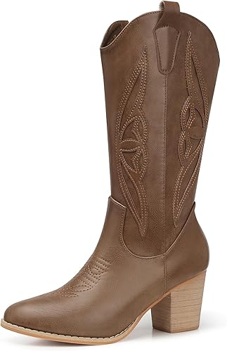 SHIBEVER Botas vaqueras para mujer Medio Botas vaqueras negras de pantorrilla ancha con bordado occidental de tacón alto con punta redonda